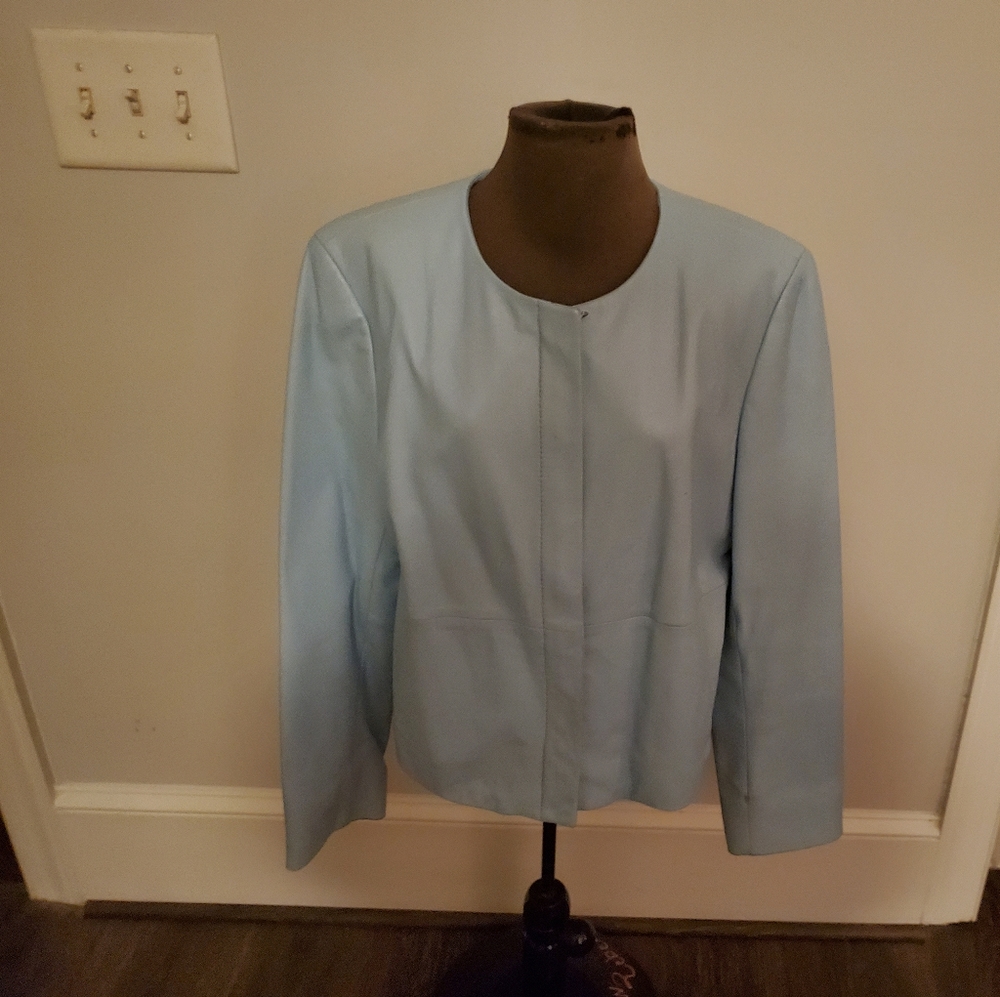 Leather jacket, baby blue, size 16. Beautifully crafted soft leather.